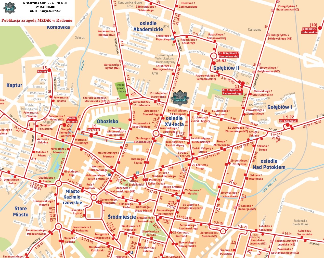 Mapa przedstawiająca dojazd do Komendy Miejskiej Policji w Radomiu